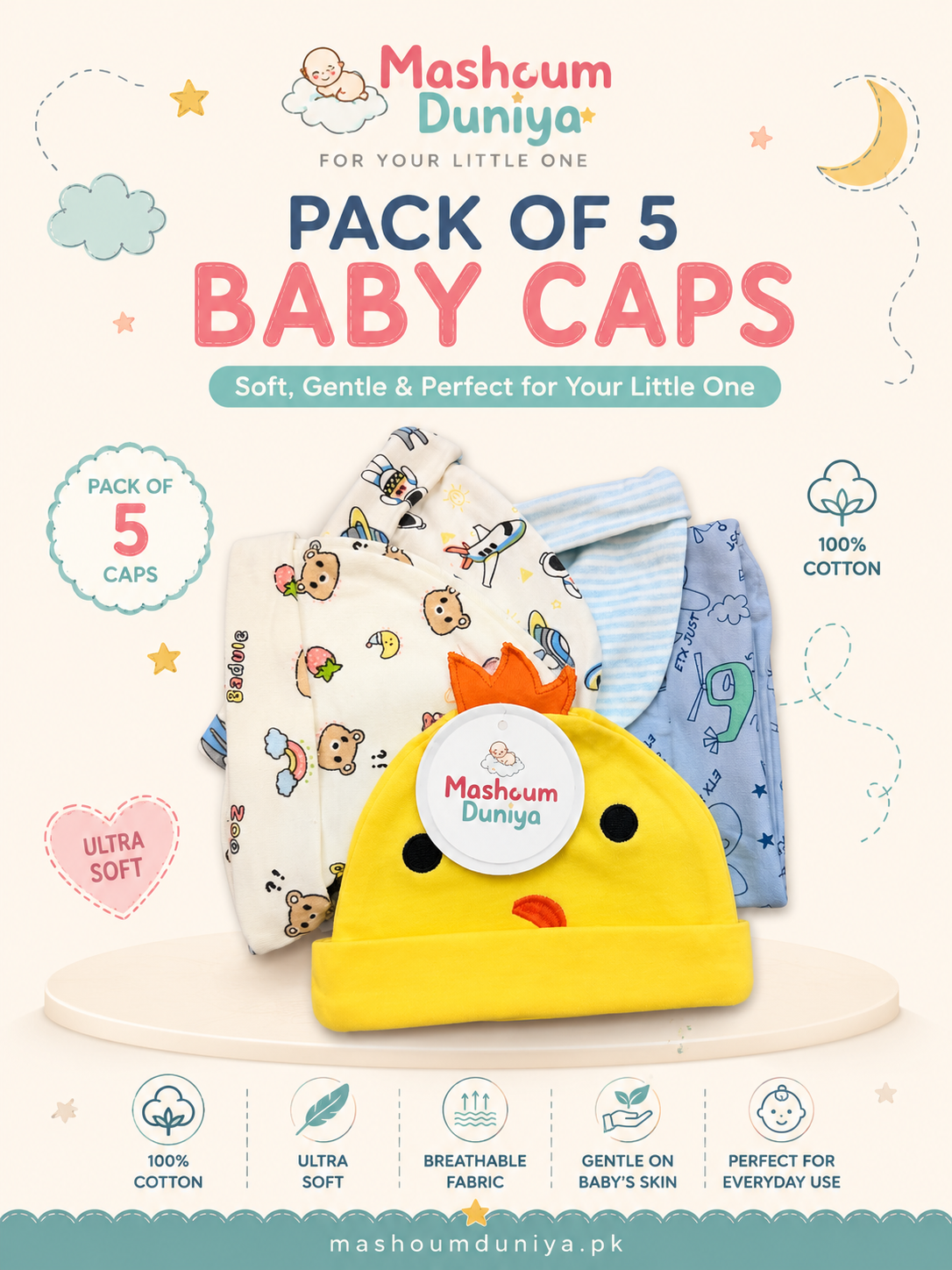 Pack of 5 Baby Caps – Soft Comfort for Your Little One