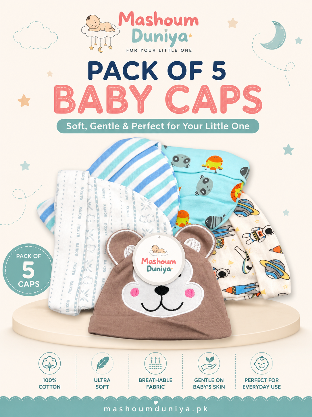 Pack of 5 Baby Caps – Soft Comfort for Your Little One