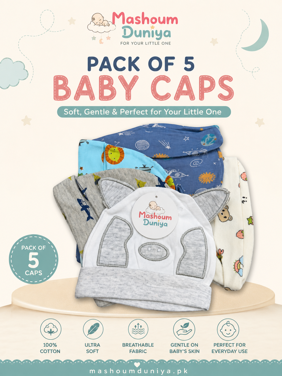 Pack of 5 Baby Caps – Soft Comfort for Your Little One