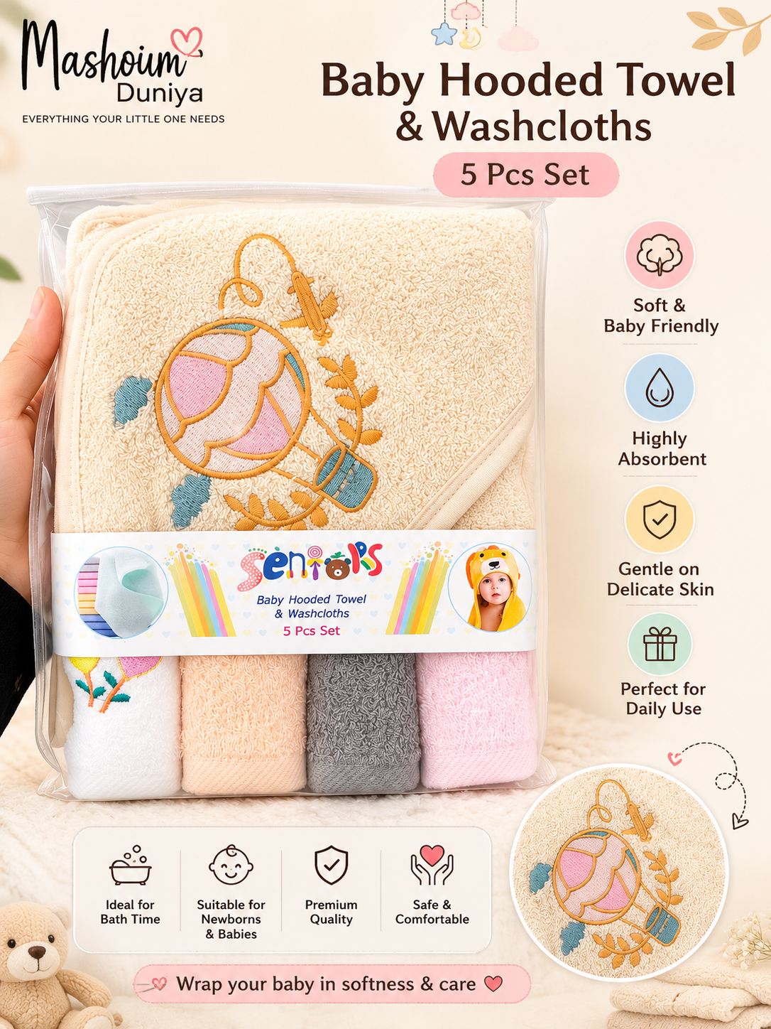 Baby Hooded Towel & Washcloth Set – 5 Pieces